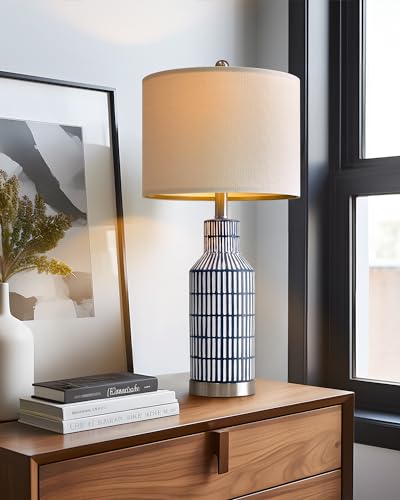 USumkky 25" Modern Ceramic Lamps Single Table Lamp for Living Room Bedroom Farmhouse Nightstand Bedside Lamps - color: Navy Blue