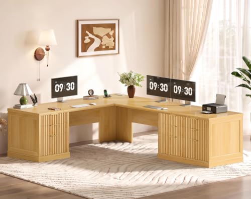 SEDETA Fluted 78.8" L Shaped Desk with 6 Drawers, Fluted Oak - color: Fluted Oak, size: 78.8" L Shaped Desk