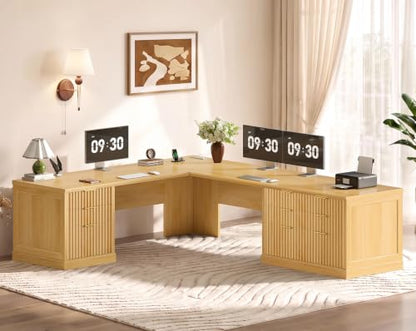 SEDETA Fluted 78.8" L Shaped Desk with 6 Drawers, Fluted Oak - color: Fluted Oak, size: 78.8" L Shaped Desk