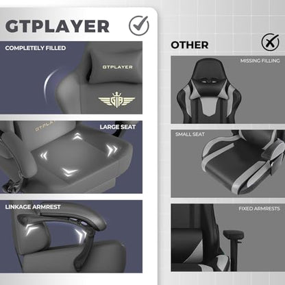 GTPLAYER Big and Tall Gaming Chair 400lbs Heavy Duty Office Chair with Footrest, High Back Pocket Spring Ergonomic Computer Chair for Adults, Wide Seated Cushion with Linkage Armrests, Leather Grey - color: Dark Grey