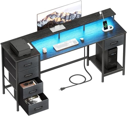 Korfile 55 Inch Gaming Computer Desk with Power Outlets,LED,5 Drawers,Black - color: Black, size: 55 Inch