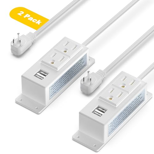2 Pack Surge Protector Power Strip Flat Plug Desk Power Sockets Wall Mount | Mountable Power Strip 2 Outlets, 2-USB Ports, 6.56 FT Extension Cord - color: White-2Pack