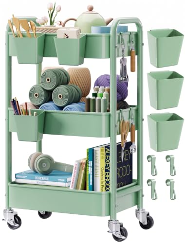 3 Tier Rolling Storage Cart Metal with Wheels, Green Baby Diaper Caddy Carts, Three Tiered Craft Cart Organizer on Wheels, Utility Roller Trolley for Art, Book, Snack, Office, Laundry, Bathroom Shelf - color: Sage Green, size: 3 Tier + Cups + Hooks