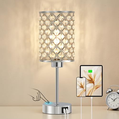 Crystal Table Lamp, Silver Touch Lamp with USB C+A Port, 3-Way Dimmable - color: Silver-1, size: 14.75"