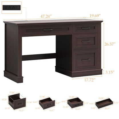 Vabches Farmhouse 47" Executive Desk with Charging Station, Walnut | Computer Desk with Drawers, Workstation Computer Desk with File Drawer for Home Office,Study. - color: Walnut