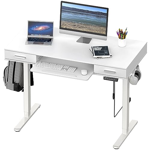 SHW 48-Inch Electric Height Adjustable Desk w/Keyboard Tray, White | w/ 2 Drawers | Memory Presets and Cable Management | Hanging Hooks - color: White