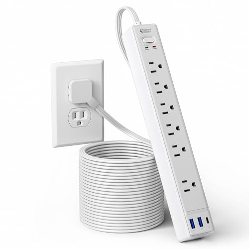 15Ft Long Extension Cord, SUPERDANNY Flat Plug Surge Protector Power Strip | 6 Outlets & 3 USB, Flat Plug Power Strip Wall Mountable, Desk Charging Station for Home, Office, College Dorm Room Essentials - color: White, size: 15FT