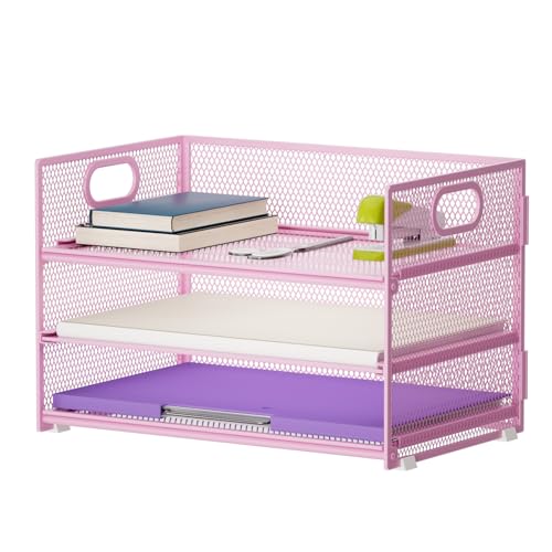 Marbrasse 3 Tier Paper Organizer Letter Tray, Mesh File Organizer with Handle, Paper Sorter Desk Organizer for Home Office Supplies(Pink) - color: Pink