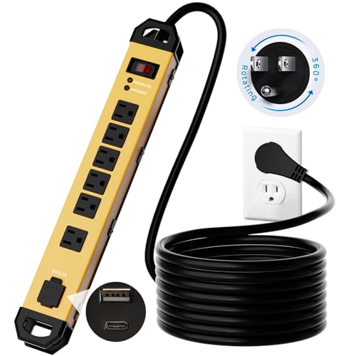 Heavy Duty Metal Power Strip Surge Protector 2100J, 6 Outlets & 2 USB, 15A Circuit Breaker, 6ft Power Cord, 360° Rotating Flat Plug, Wall Mountable for Garage Workshop Industrial, ETL Listed, Yellow - color: golden