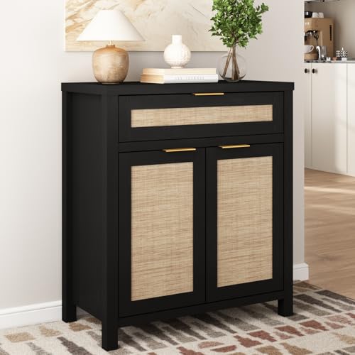 HOKYHOKY 30" Rattan Sideboard Buffet Cabinet, Boho Storage Cabinet - color: Rustic Black, size: 30-Inch