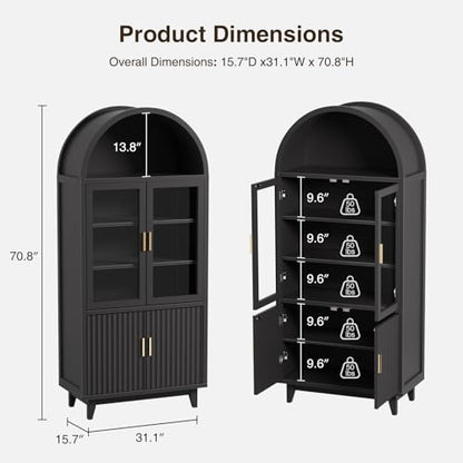 Arched Cabinet with Glass Doors, Fluted Pantry Cabinet with Solid Wood Legs - color: Black, size: Tall Arched - 15.7"D x 31.1"W x 70.8"H