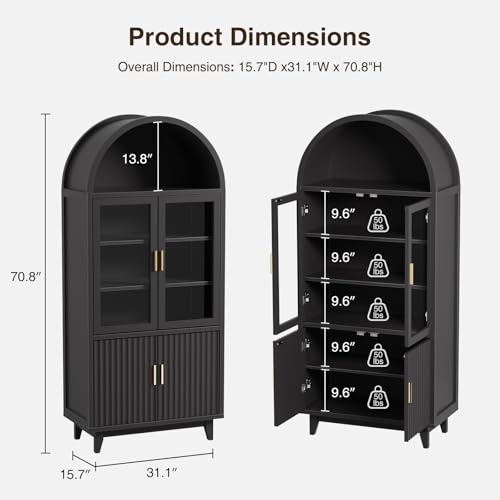 Arched Cabinet with Glass Doors, Fluted Pantry Cabinet with Solid Wood Legs - color: Black, size: Tall Arched - 15.7"D x 31.1"W x 70.8"H