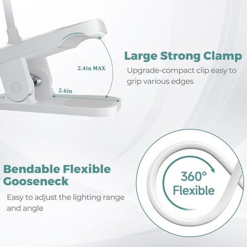 CUHIOY 2Pack Rechargeable Clip on Reading Light for Bed Headboard, White | 5 Colors 5 Brightness Bed Light, Battery Flexible Arm Table Lamp with Clamp, Flicker-Free LED Book Light at Night, Crafting - style: 2Pack White