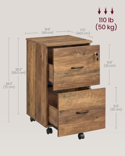 VASAGLE 2-Drawer File Cabinet, Small Rolling, Locking, Printer Stand - color: Rustic Brown, style: with Lock