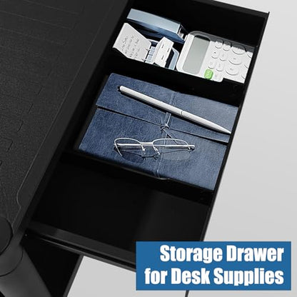 Under Desk Printer Stand with Wheels, Rolling Printer Cart with Lockable Wheels, 2-Tier Printer Table with Storage Drawer for Home&Office (Black)