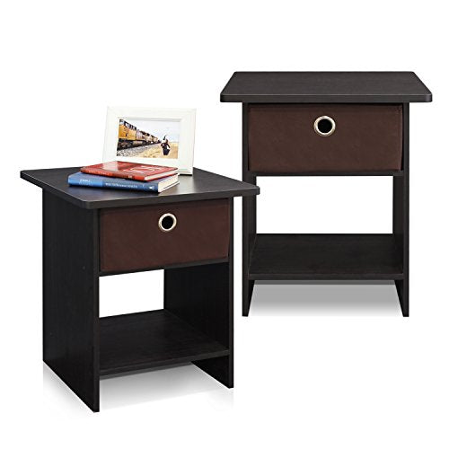Furinno Dario End Table / Side Table / Night Stand / Bedside Table with Bin Drawer, 2-Pack, Espresso/Brown | with Storage Bin, Round Corner Night Stand, Bedside Table with Open Back Shelf, for Living Room, Bedroom - color: Espresso/Brown, size: 2-Pack, Up