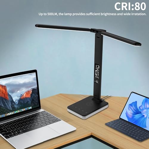 LED Desk Lamp with Charger, USB Charging Port, Dual Swing Arm Desk Light with 5 Brightness, 3 Colors, Table Lamp with Clock, Alarm, Date, Temperature, Desk Lamp for Home Office Study (Black) - color: Dual-Head Black