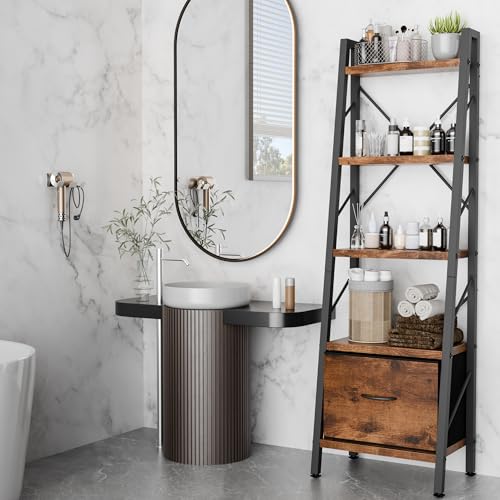 Shintenchi 5 Tier Ladder Bookshelf with Drawer, Tall Modern Corner Bookshelves, Narrow Book Shelf with Storage for CDs/Books/Movies, Bookcase for Room/Home/Office, Rustic Brown - size: 16.7'' W x 12'' D x 55.8'' H-1 Drawer