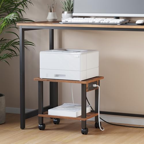 TUTOTAK Printer Stand, 2 Tier Rolling Printer Cart with Charging Station | Small Under Desk Printer Table with Wheels for Small Space, Office, Home, Brown PS01BB001 - color: Brown, size: 2 tier(15.7 x 11.8 x 15.4inchs)