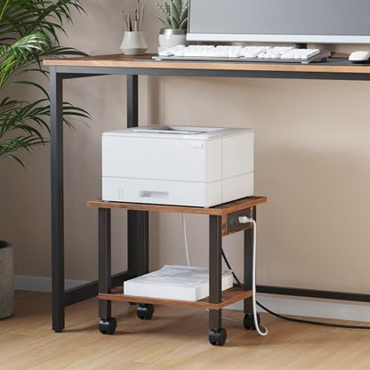 TUTOTAK Printer Stand, 2 Tier Rolling Printer Cart with Charging Station | Small Under Desk Printer Table with Wheels for Small Space, Office, Home, Brown PS01BB001 - color: Brown, size: 2 tier(15.7 x 11.8 x 15.4inchs)