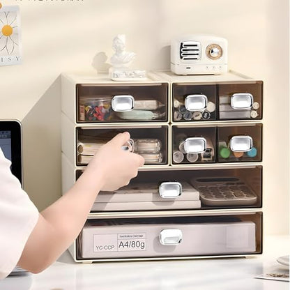 Desktop Storage Drawers, Stackable Countertop Organizer with Drawers - color: 1 Middle & 2 Small Drawers, Cream