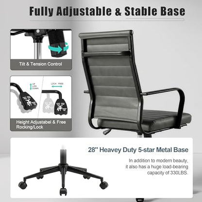 Okeysen Genuine Leather Office Desk Chair, Mid-Century Modern Real Leather Conference Room Chairs, Ergonomic Executive Ribbed Height Adjustable Swivel Rolling Chair for Home Office. - color: Dark Grey
