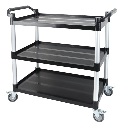 3-Tier Rolling Utility Cart with 4 Lockable Wheels, Heavy Duty Plastic Service Cart with 540lbs Capacity, Commercial Service Cart on Wheels for Restaurant/Office/Warehouse/Kitchen/School, Black