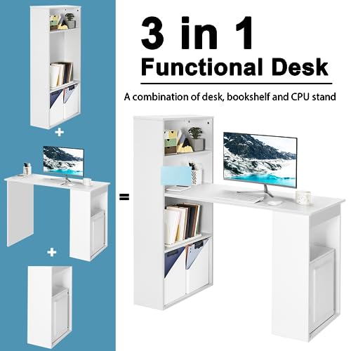 Tangkula White Computer Desk with Bookshelf, Writing Study Desk with Storage Shelves & CPU Stand, Modern Compact Computer Workstation for Home & Office, Space-Saving Design | Modern Compact Workstation w/Bookshelf Storage & CPU Stand, Space-Saving Design