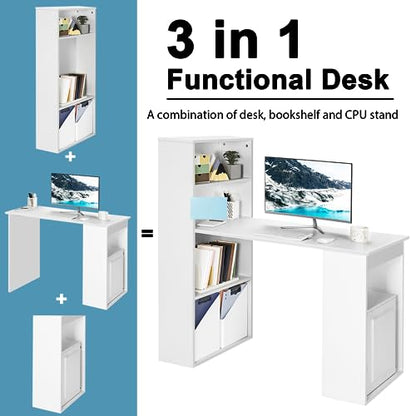 Tangkula White Computer Desk with Bookshelf, Writing Study Desk with Storage Shelves & CPU Stand, Modern Compact Computer Workstation for Home & Office, Space-Saving Design | Modern Compact Workstation w/Bookshelf Storage & CPU Stand, Space-Saving Design