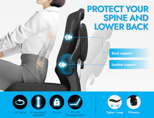 Office Chair: 330LBS Mesh Ergonomic Desk Chair Comfy with 3D Lumbar& Swivel - color: Silver Black, size: Pack of 1