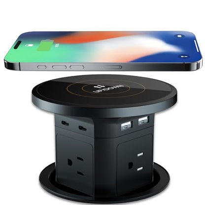 9-in-1 Pop-Up Outlet with Wireless Charging for Kitchen & Office | 9-in-1: 4 AC + 4 USB + wireless charging. 2500W, 100-240V. 4-1/8" cutout. Hidden hub for kitchen, office, conference table - color: Black