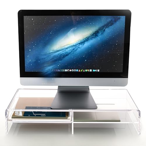 2-Tier Acrylic Monitor Stand Riser with Drawer - 19.68" Large Clear Laptop Stand - Ergonomic Desk Organizer for Computer, iMac, MacBook - Sturdy Storage Shelf for Office Supplies & Home Desktop