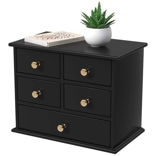 Oak Desk Organizer with Drawers, Durable Wooden Desktop Storage Box | 5 Drawer Tabletop Organizer with Metal Handles & Non-Slip Pads for Office, Bedroom, Bathroom, Vanity & Makeup Storage, Black - color: Black, size: 5 Drawers