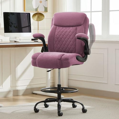 MAHOMICO Drafting Chair for Standing Desk – Tall Office Chair with Adjustable Height & Foot Ring, Flip-Up Arms, Lumbar Support – Comfortable Fabric Seat, Ideal Home Desk Chair - color: Purple