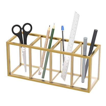 NIUBEE Gold Acrylic Pen Holder 4 Compartments, Desk Office Pencil Cup Desk | Scratch-resistant thick acrylic with 4 slots for pens, pencils, makeup brushes, office, vanity and school use - color: Gold, size: 4 Cube