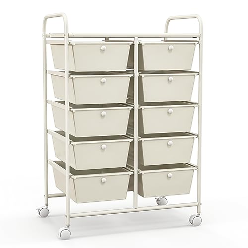 COSTWAY 10 Drawer Rolling Storage Cart, Utility Cart with Lockable Wheels | Mobile Art Supply Craft Organizer with Metal Frame, Multipurpose Drawer Cart for Paper for Office, School, White - color: White, size: 10 Drawer
