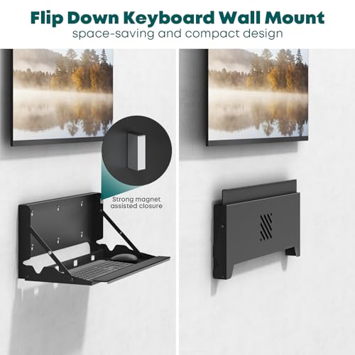 Flip Down Wall Mount Keyboard Tray, 24 Inch Keyboard Holder | Folding Design, Space-Saving, Extra Wide tray with Wrist Support, Mouse Pad and Wrist Pad Included, Holds Up to 22 lbs, Black
