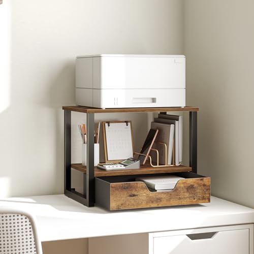 YATINEY Desktop Printer Stand, 2-Tier Printer Table with Non-Woven Drawer, Multi-Purpose Desk Organizer for Home Office, Under Desk Open Organizer Shelf, Rustic Brown PS01BR - color: Rustic Brown + Black