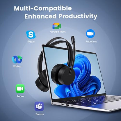 Wireless Headset with Mic for Work, Bluetooth Headset with Microphone for PC, Noise Cancelling Headphones with Mic Mute Button & USB for Call Center/Office/Home/Computer/Laptop/Cell Phones/Teams/Zoom