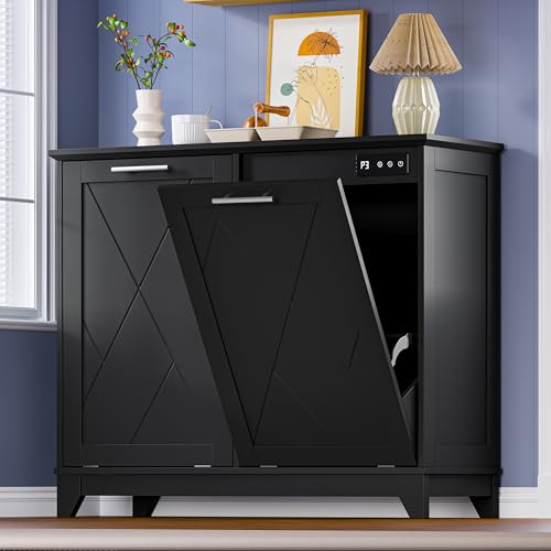 BORNOON Tilt Out Trash Can Cabinet for 2 Bins, Hidden Recycle Garbage Bin Enclosure, Wooden Double Laundry Cabinet with Odor Control, Negative Ion & Ozone, for Kitchen, Bathroom, Laundry Room - color: Black, size: Bigger--2 Cabinets