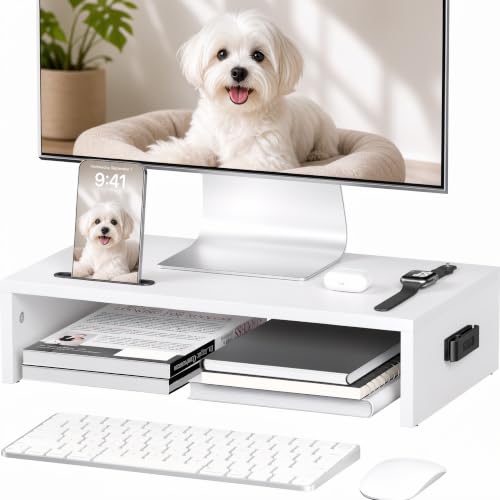 BONTEC Monitor Stand Riser with Cellphone Holder & Cable Management | 16.7 Inch Wood Monitor Riser Stand, Desktop Stand for PC/TV/Laptop/Printer, White - color: White, size: 16.7 Inch