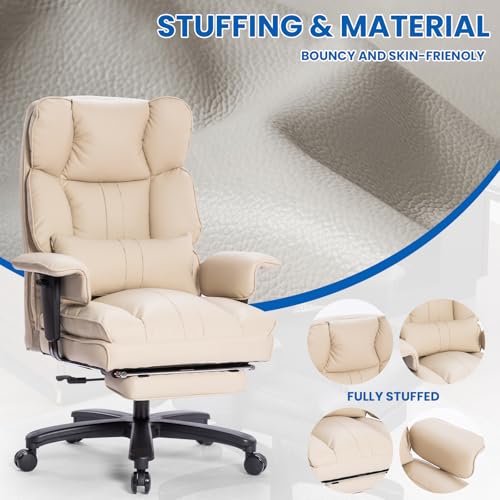 Big and Tall Office Chair with Foot Rest,Heavy Duty Office Chair(Beige) | PU Leather High Back Wide Desk Chair, Comfortable Executive Office Chair,135° Reclining, Adjustable Padded Armrests - color: Beige