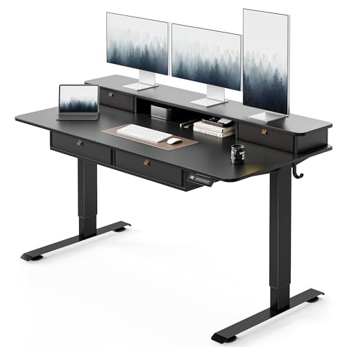 FEZIBO 55 x 30 inch Standing Electric Desk with Drawers, Black | Height Adjustable Workstation, Computer Sit Stand Up Office Table with Large Storage Shelf, 4 Drawers and 2 Hooks - color: Black, size: 55 inch without Keyboard Tray