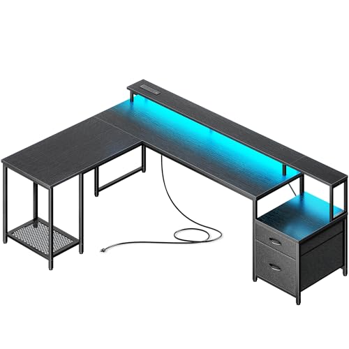 PRAISUN 66" L Shaped Gaming Desk with LED Lights & Power Outlets - color: Black