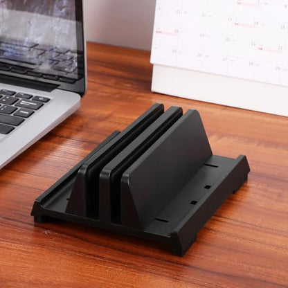 Adjustable Black Laptop Vertical Stand Dual Slot Desktop Holder Workspace Organizer for Office Desk