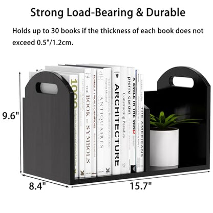 100% Solid Wood Adjustable Desktop Bookshelf, Retro Tabletop Book Shelf File Holder, Vertical Bookshelf Divider Desk Shelf for Home School Office Organization, Perfect for Books Magazine (Black) - color: Black