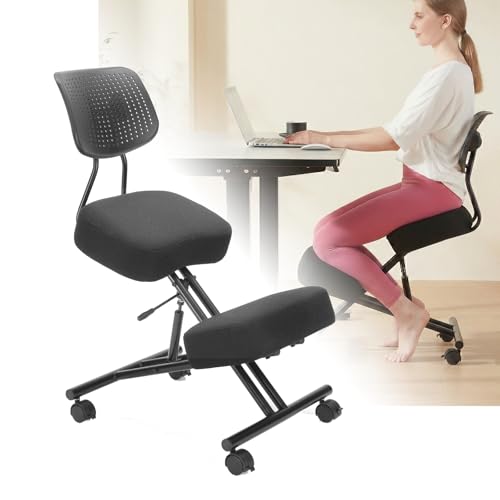 Kneeling Chair with Backrest Adjustable Linen Ergonomic Home Office Chair | Improve Posture Chair with Brake Rolling Wheels Thick Cushion Work Stool Back Pain Relief - color: Black-linen
