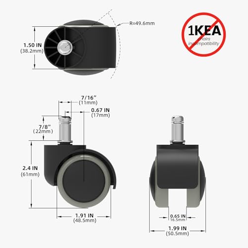 2 Inch Office Desk Chair Wheels Replacement, Computer Gaming Casters for Carpet Stem 7/16-7/8, Set of 5 for Furniture Hardwood Hard Floors Chair Castors Tile Smooth Safe Quiet Rolling 880 LB, (Grey) - style: black & grey - 2 inch
