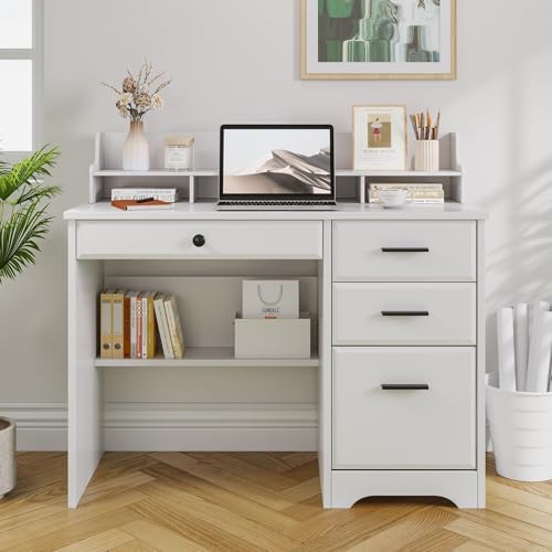4 EVER WINNER White Desk with Drawers, Small Desk with File Drawer for Small Spaces, Writing Desk with Monitor Stand Wood Table for Study Home Office, White - color: White