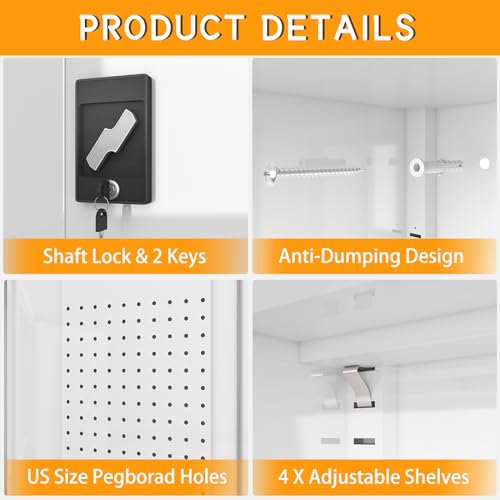 Upgraded Tall & Wide Metal Storage Cabinet with Doors & 4 Adjustable Shelves | Heavy-Duty Black Lockable Garage Cabinet with Wheels & Pegboard for Office, Gym, Basement, Warehouse (White) - color: White- Large